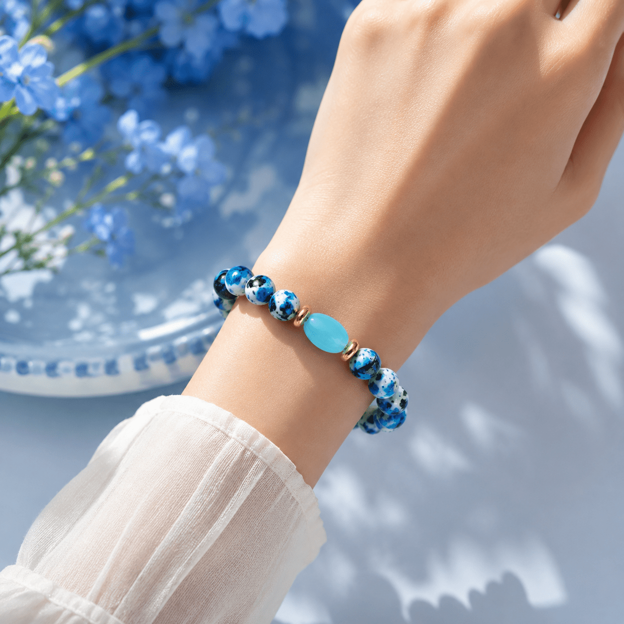 Wealth Bead Bracelet with Blue Agate, Prosperity Design